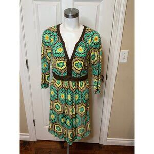 Milly  Green, Brown & Yellow Polka Dot V-Neck Dress, Size M